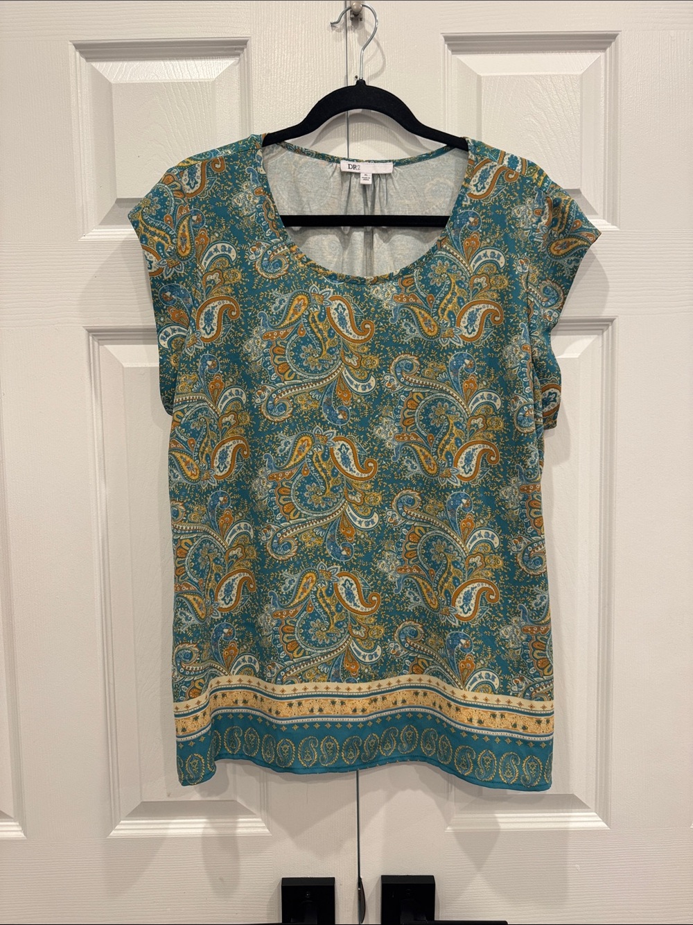 DR2 Teal Paisley Cap-Sleeve Blouse Size XL m7